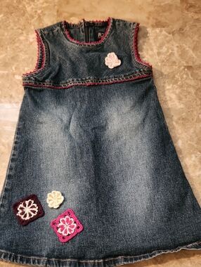 The Children's Place Denim Dress with Pink Trim and Crochet Flowers